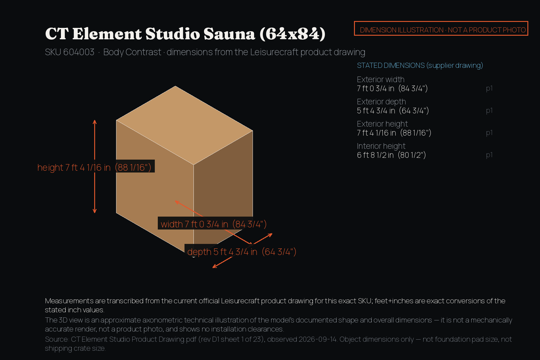 CT Element Studio Sauna (64x84) dimension illustration: approximate axonometric technical drawing labelled with exterior dimensions in feet and inches from the Leisurecraft product drawing. Not a product photo.