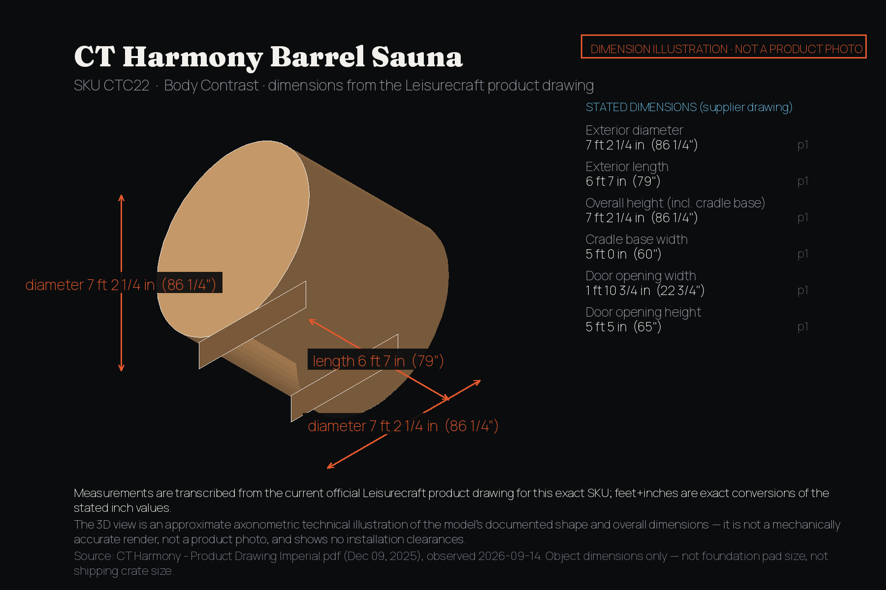 CT Harmony Barrel Sauna dimension illustration: approximate axonometric technical drawing labelled with exterior dimensions in feet and inches from the Leisurecraft product drawing. Not a product photo.