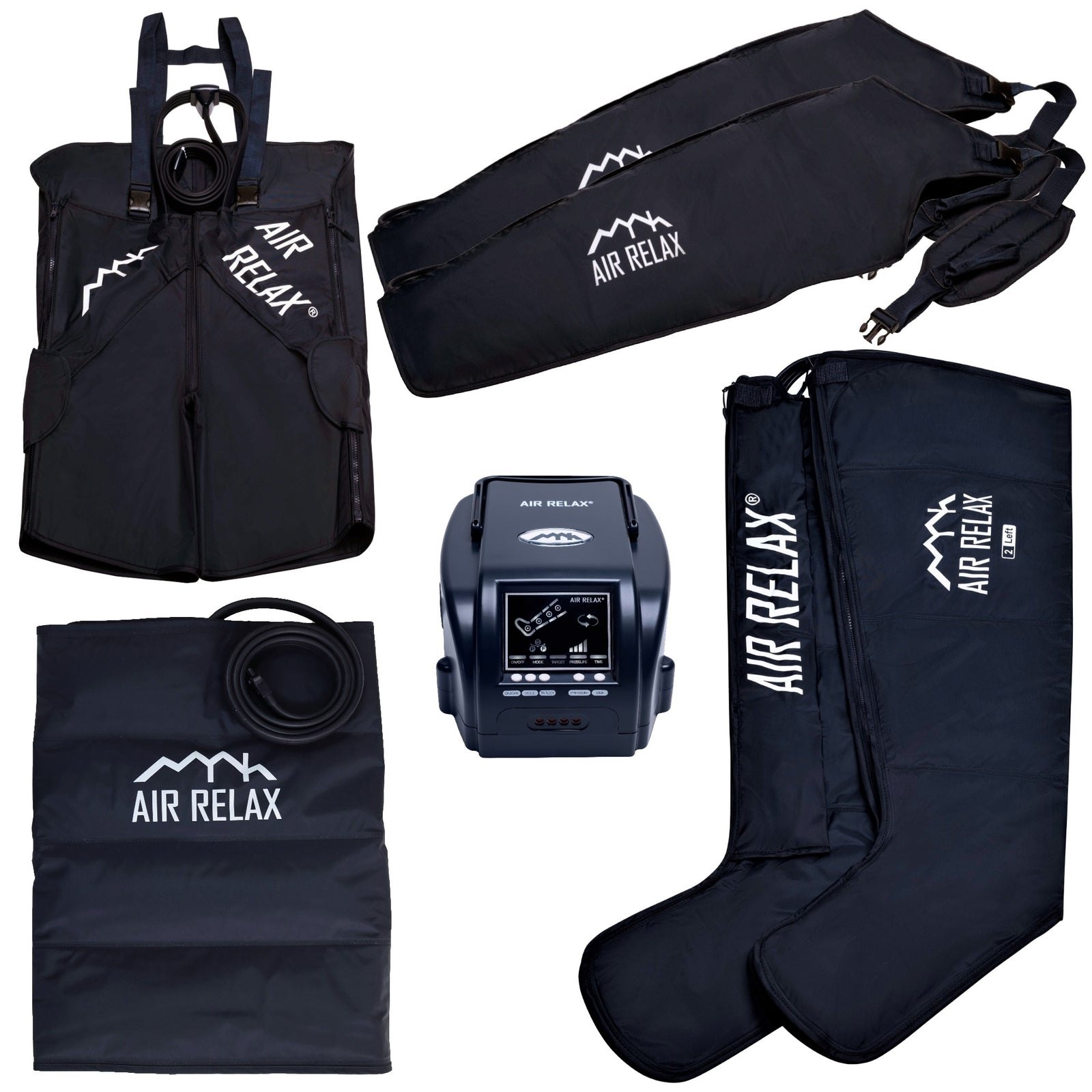 AIR RELAX PLUS AR-3.0 BODY PACKAGE SYSTEM — Full set of Air Relax 3.0 recovery products including sleeves, shorts, belt, and pump