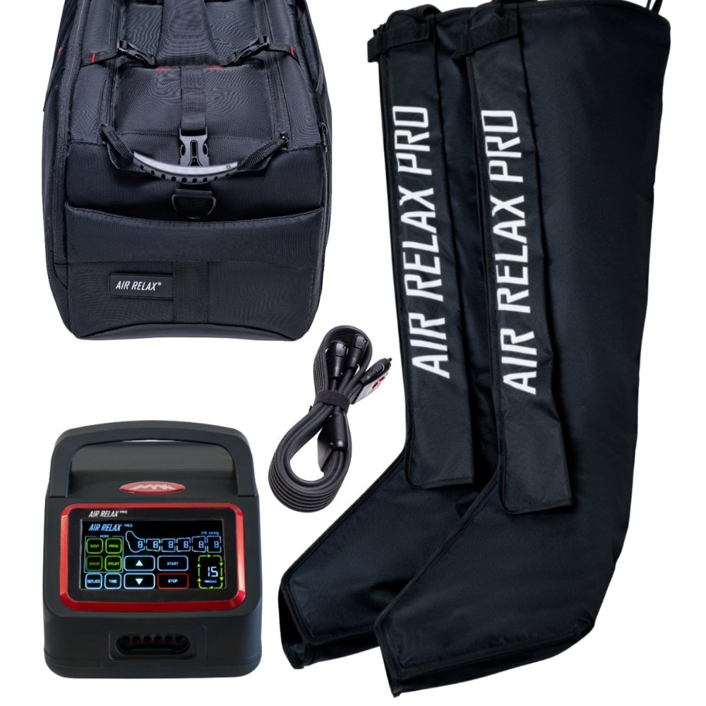 AIR RELAX PRO AR-4.0 LEG RECOVERY SYSTEM — Control unit, leg sleeves, carrying bag, and cord shown together