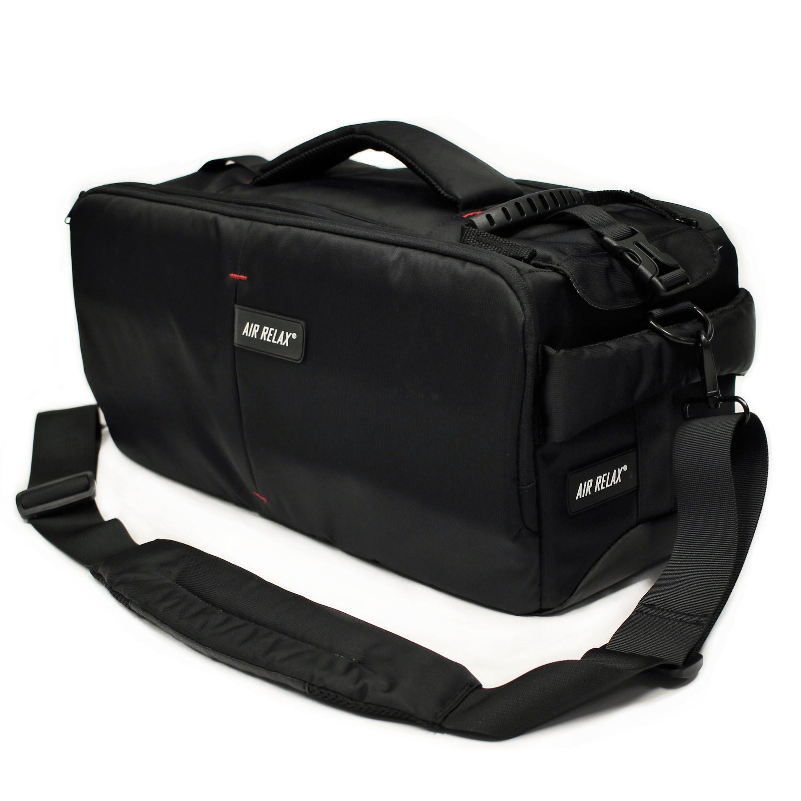 CARRYING CASE - AIR RELAX SYSTEM — Black carrying case with padded shoulder strap on white background
