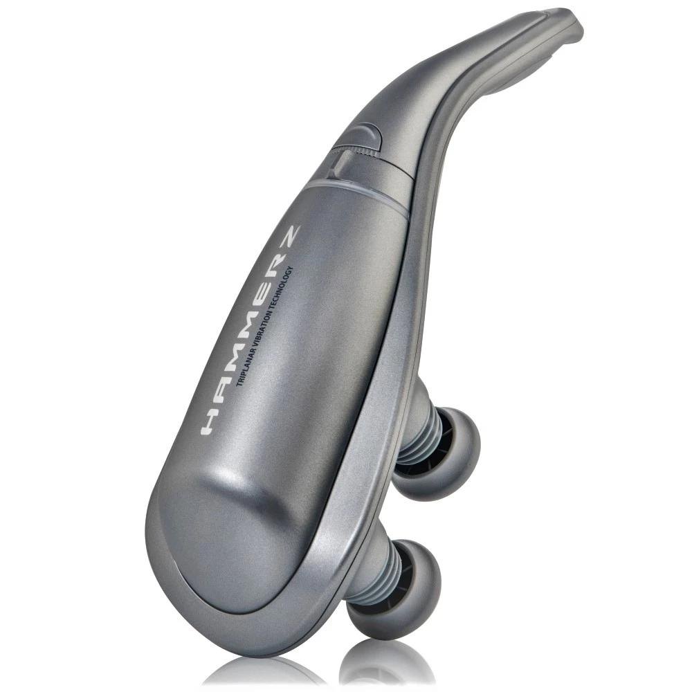 HAMMERZ MASSAGE DEVICE WITH TRIPLANAR VIBRATION TECHNOLOGY — Silver Hammerz massager upright on white background