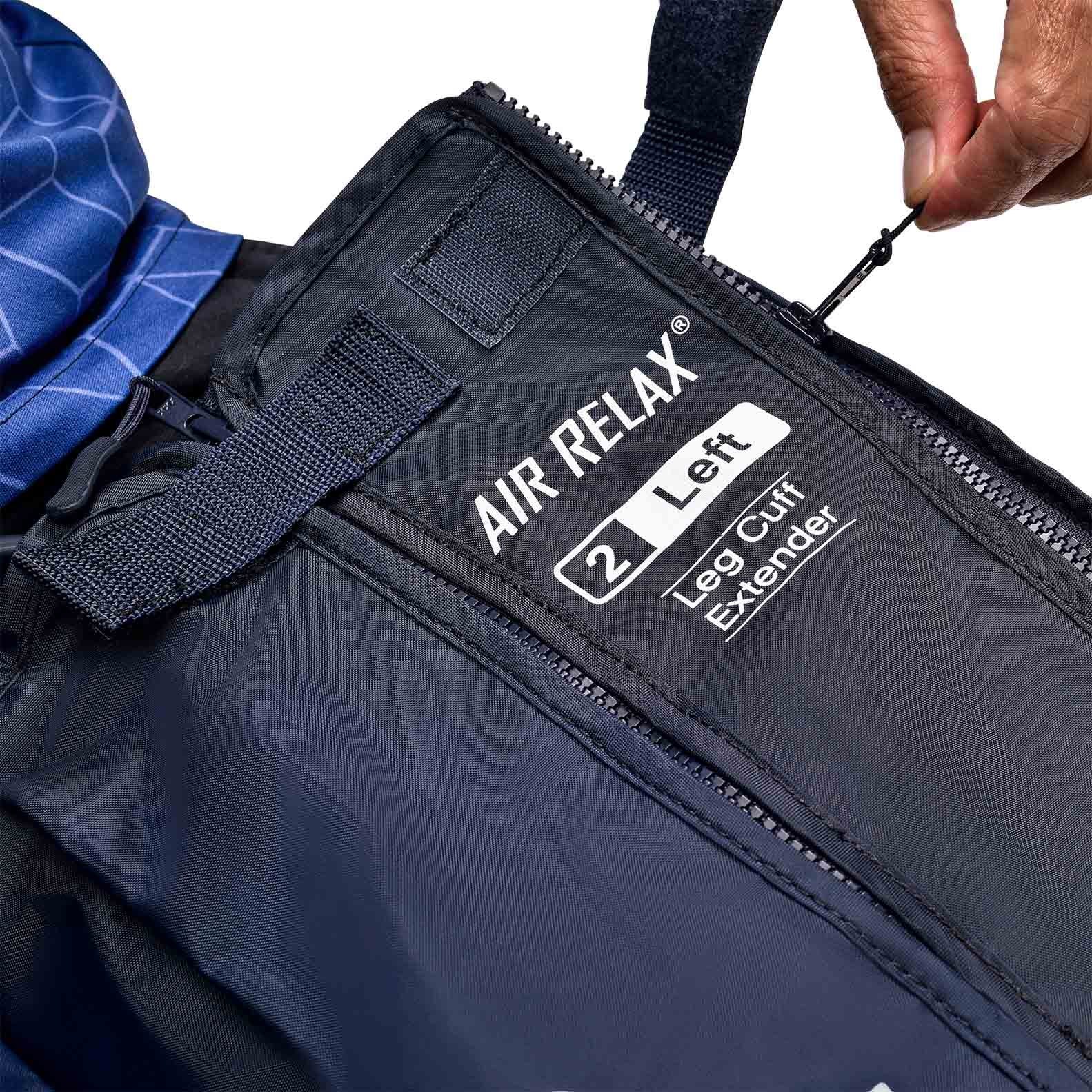 AIR RELAX AR-3.0 & AR-2.0 LEG SLEEVE EXTENDERS — Hand zipping up an extender to a leg sleeve